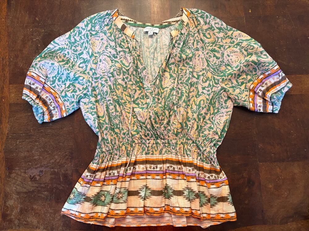 Current Air Size M Green Floral Aztec Peplum Blouse Boho Top